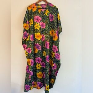Vintage Winlar Caftan One Size Fits All Colorful Tropical Flowers & Palm Leaves